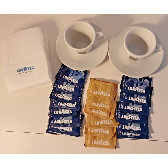 LAVAZZA Espresso Cups and Saucers Lot of 2 with Napkins and Sugar Packets Italy - Picture 2 of 10